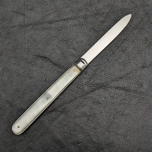 1890 British Antique White Pearl Shell Handle Pure Silver Blade Folding Pen Knife